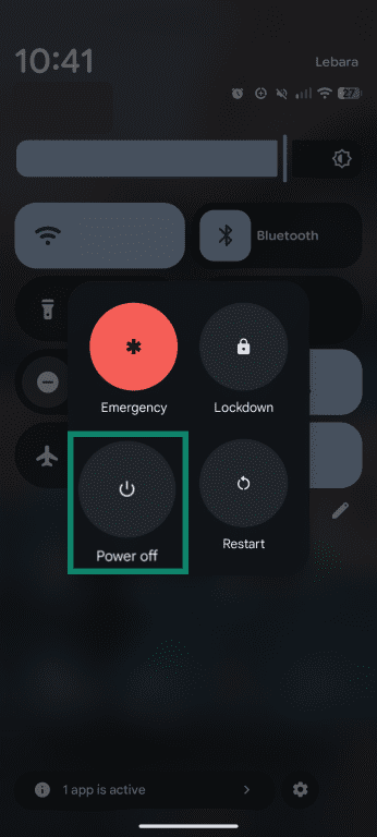 An Android power menu opened from Quick Settings, with the Power off option highlighted.