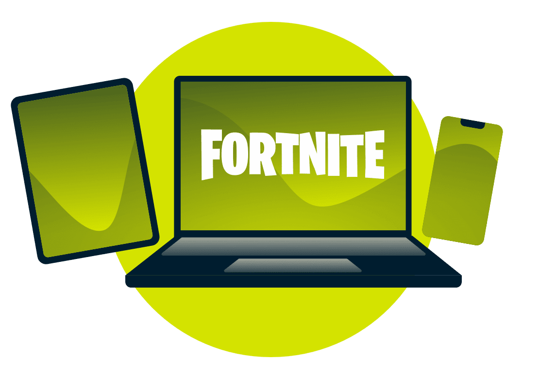 Variedade de dispositivos com o logotipo Fortnite.