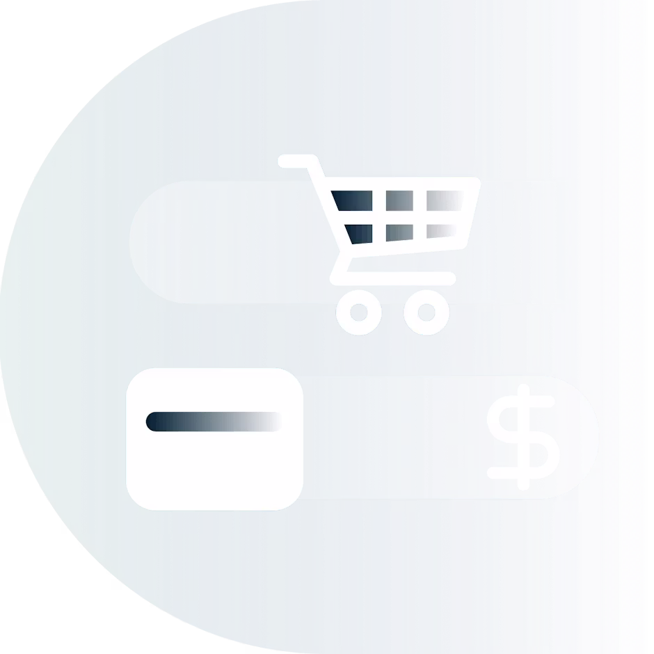 買い物かご、クレジットカード、通貨記号。