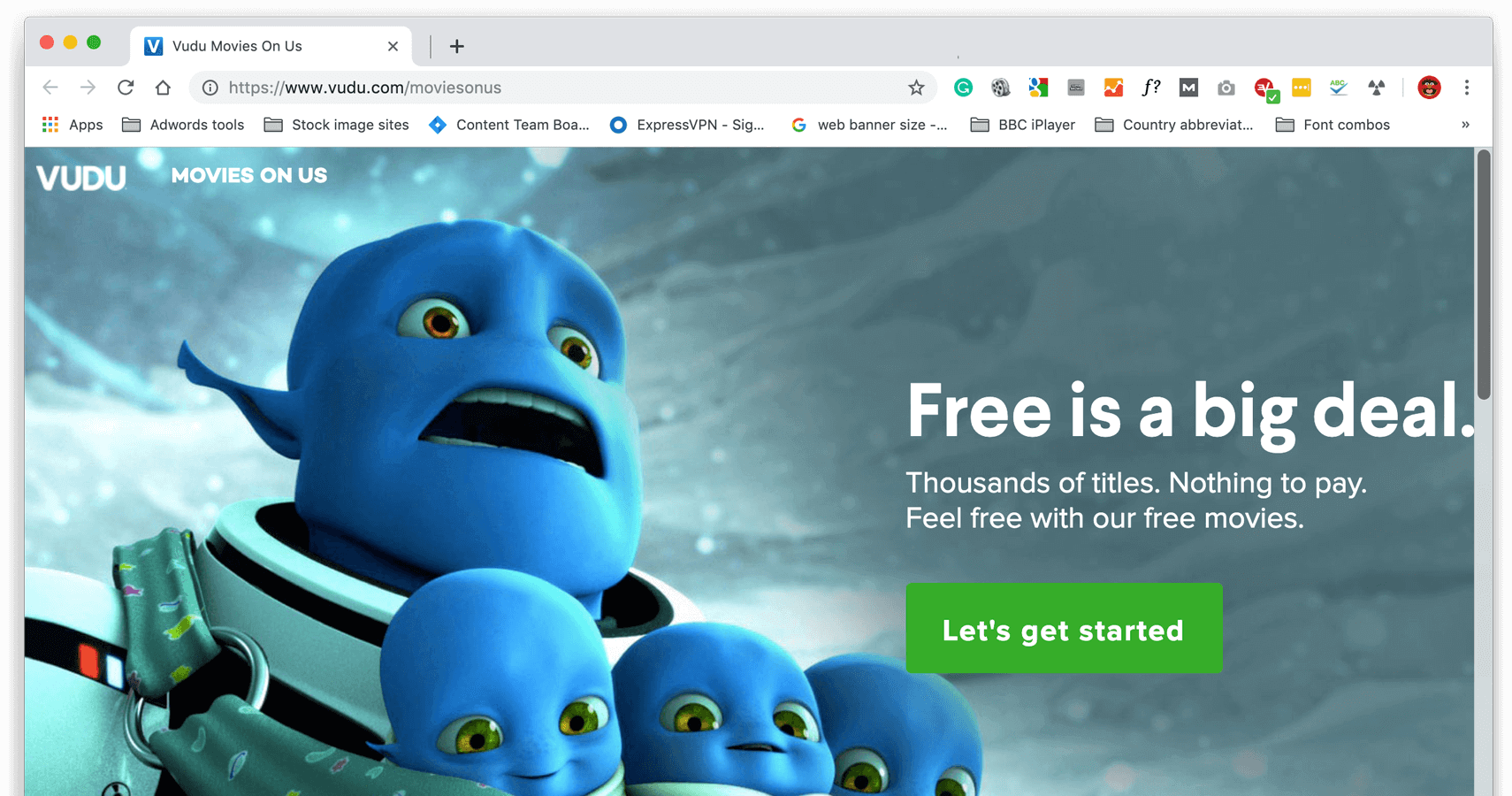 Movies On Usを表示するVuduのウェブサイト画面。