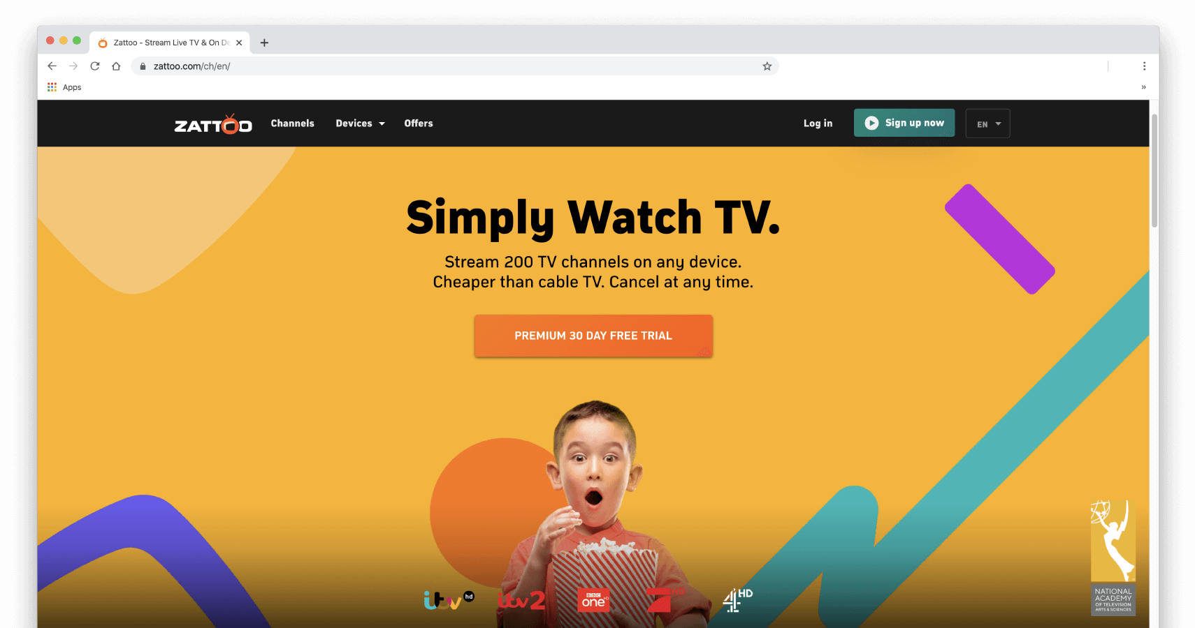 Zattooのホームページのスクリーンショット。