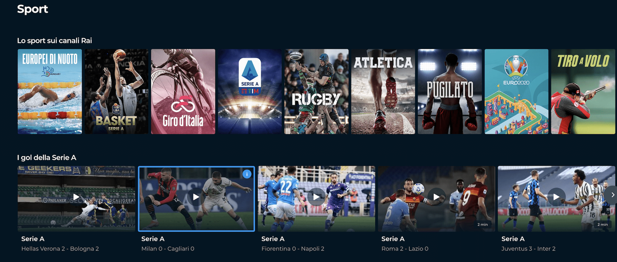 Watch live sports on RaiPlay including Serie A football, cycling, and more.