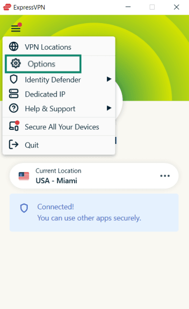 The ExpressVPN Windows app with the menu bar open, and "Options" highlighted.