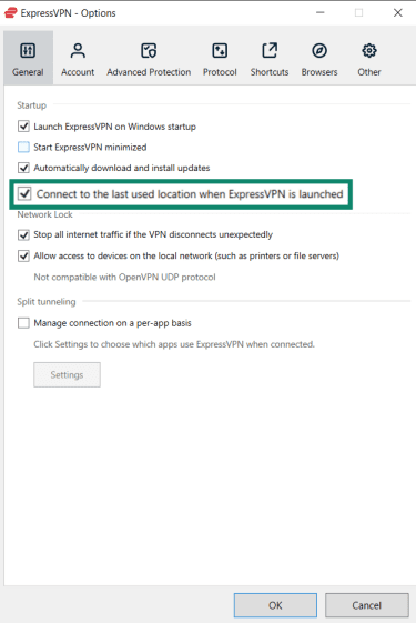The ExpressVPN Windows app with the box "Connect to the last connected location when ExpressVPN is launched" checked and highlighted.
