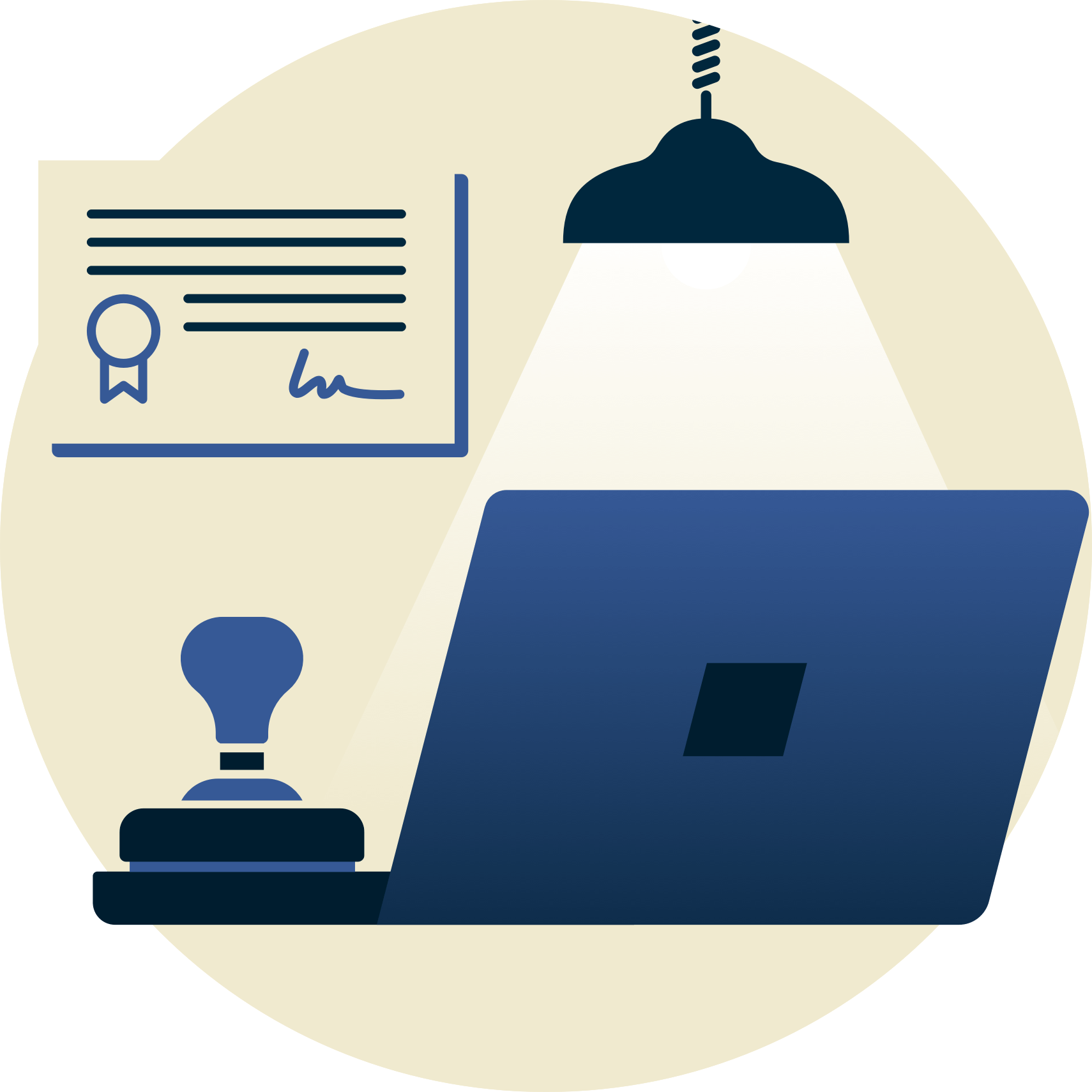 Lastik damga ve dizüstü bilgisayar üzerinde lamba, arka planda sertifika ile.