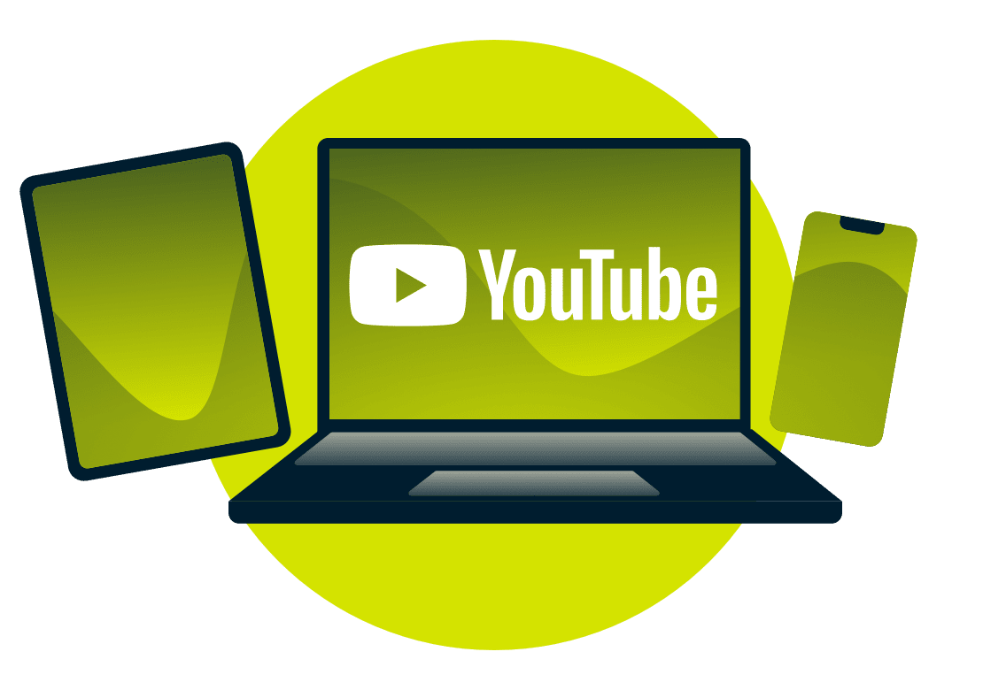 YouTube logolu bir dizüstü bilgisayar, tablet ve telefon.