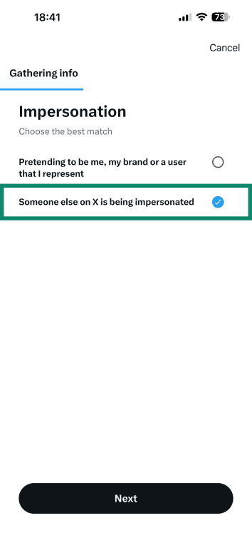 The Impersonation reporting tool on X asking if you're being impersonated, or someone else.