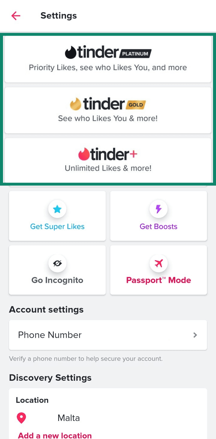 Tinder settings menu displaying banners for Platinum, Gold, and Plus subscriptions.