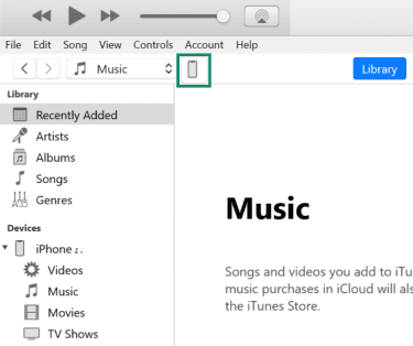iTunes app on Windows laptop with an iPhone icon highlighted.