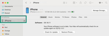 Mac Finder app with iPhone section on the left-hand menu highlighted.