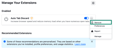 The manage extensions tab in Firefox, with the option to "Remove" an individual extension highlighted.