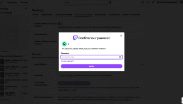 Twitch password confirmation dialog asking user to verify identity before continuing.
