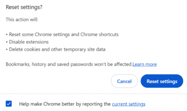 Google Chrome Reset settings confirmation pop-up.