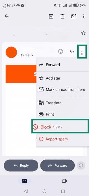 Gmail's Android app with an email open, highlighting the "Block 'sender" option in a menu