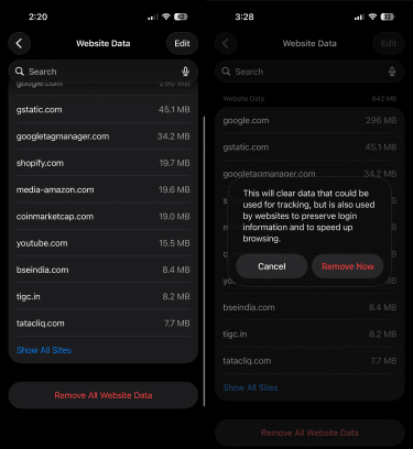 Safari Website Data list with Remove All Website Data button.