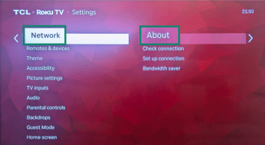 "Network" and "About" options highlighted on a Roku TV.