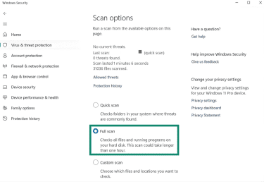 The "Scan options" list for the Windows Security service on Windows 11. The "Full scan" option is highlighted.
