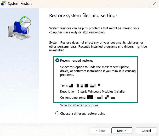 The System Restore window on Windows 11. The recommended restore point is highlighted.