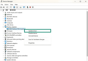 The Windows 11 Device Manager app. The "Update driver" option for a display adapter is highlighted.