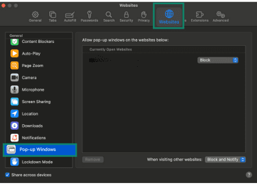 Safari Settings window open with the Websites tab selected, sidebar highlighting Pop-up Windows.