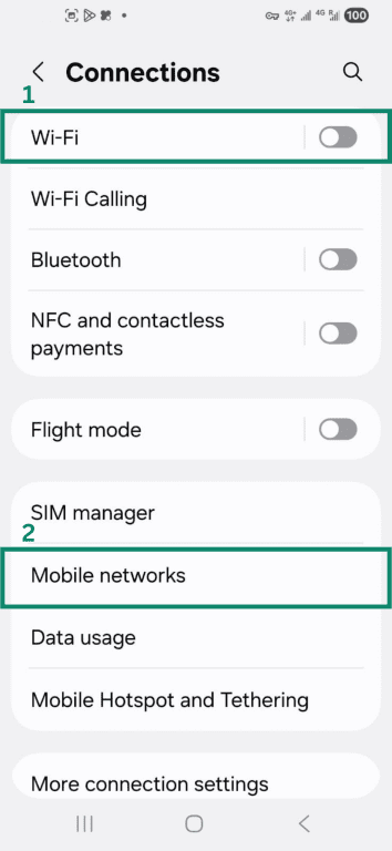 Wi-Fi toggle off and Mobile networks highlighted in Connections settings on Android