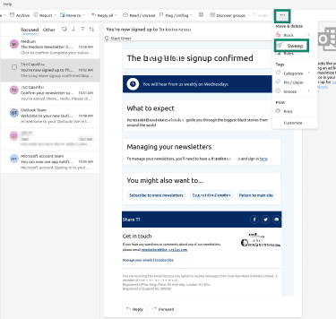 Outlook email options with Sweep function highlighted.