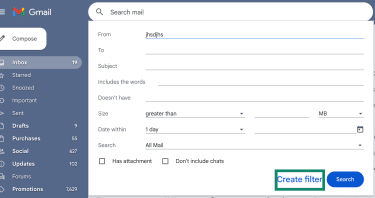 Gmail search options window with “Create filter” highlighted.
