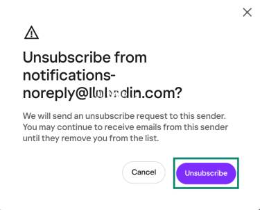 Yahoo Mail unsubscribe confirmation pop-up with “Unsubscribe” button.