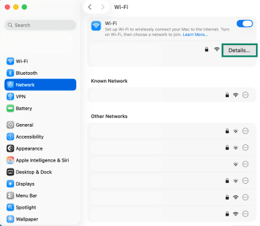The Wi-Fi menu of the macOS System Settings, showing the Details button for the active connection.