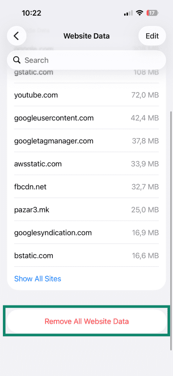 Deleting all cache and cookies for Safari on iPhone.