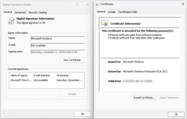 Confirmation that conhost.exe carries Microsoft's digital signature