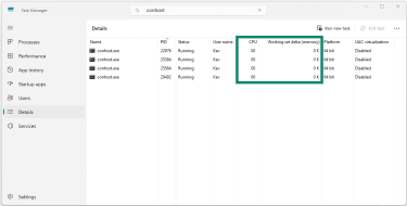 Checking the CPU and memory usage of conhost.exe in Task Manager