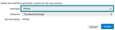 macOS Add Service window with PPPoE selected as the interface type.