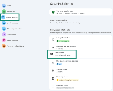 "Password" option highlighted in the Google security settings.