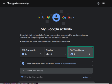My Google activity open with YouTube History option highlighted