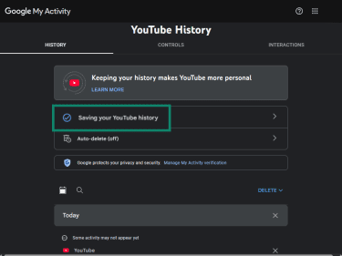 YouTube History with Saving your YouTube history option highlighted