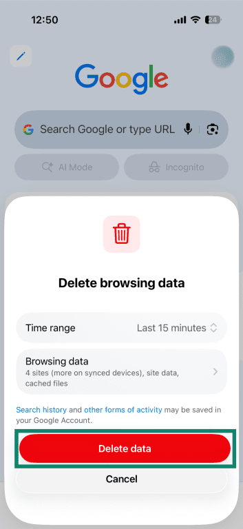 Google Chrome on iOS, showing the "Delete browsing data" window, with the "Delete data" button highlighted.