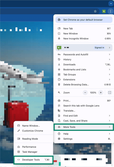 Chrome settings menu, showing the "More Tools" and "Developer Tools" options highlighted.