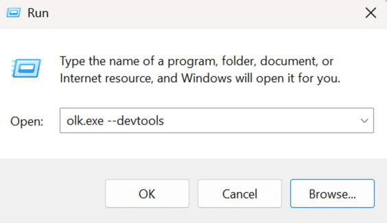 Run Dialog with Outlook and Microsoft Edge DevTools opening.
