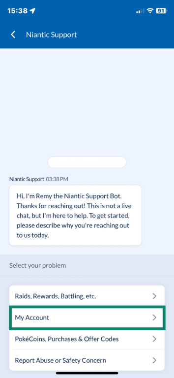 Niantic Support chat open with My Account option highlighted