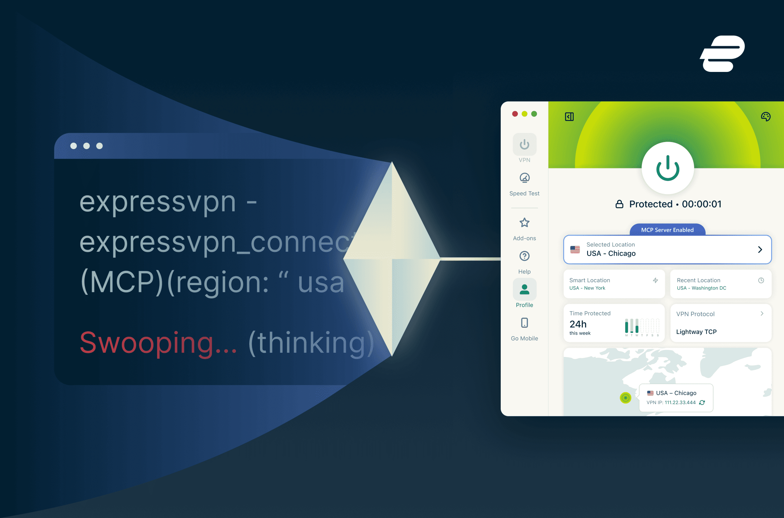 ExpressVPN app screen overlaid on midnight blue background with MCP server product visuals