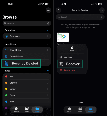 How to recover deleted files on iOS in the Files app.