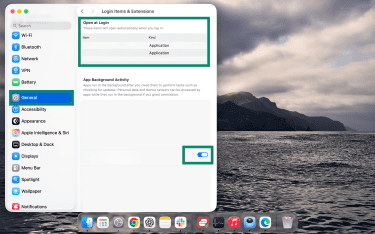 List of Open at Login items on Mac.