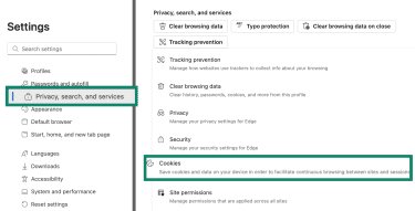 Edge Settings showing Privacy, search, and services with Cookies highlighted.