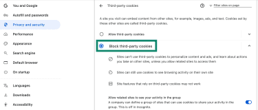 Chrome Third-party cookies settings with Block third-party cookies enabled.