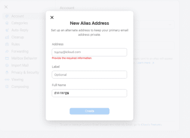 Create new iCloud email alias form with Create button.