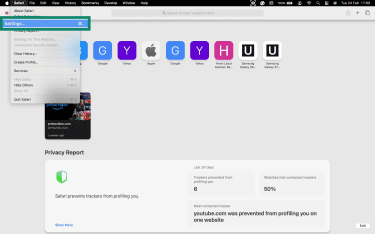 Safari menu open with “Settings” highlighted under the Safari dropdown in the macOS menu bar.
