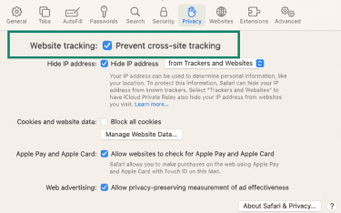 Safari Privacy settings window with the Prevent cross-site tracking checkbox highlighted, which is currently enabled.