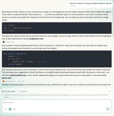 Detailed chatbot answer referencing external information in real time.