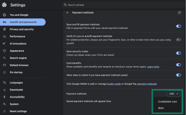 Adding a payment method to Chrome Autofill in Google Chrome.